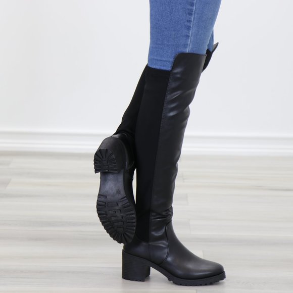 Black Over The Knee Boot Chunky Lug Heel Faux Dual Leather And Stretchy Material - Picture 3 of 15